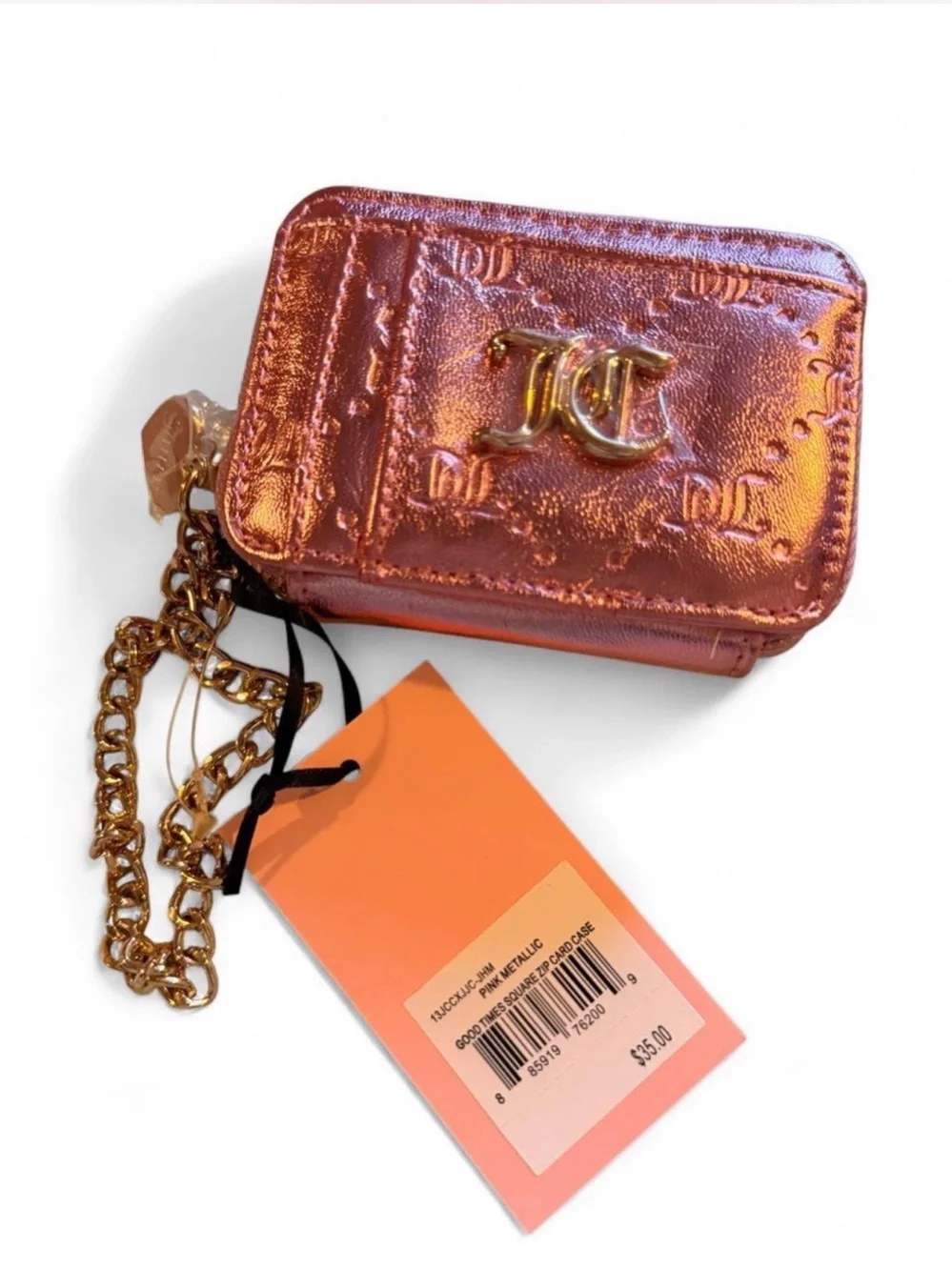 NWT Juicy Couture Good Times Square Zip Card Case Wallet – Pink Metallic ✨